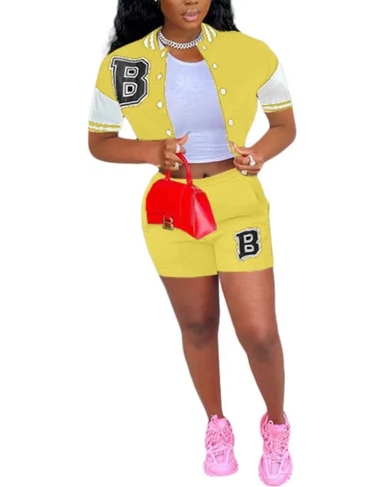 MB FASHION Varsity Cropped Jacket and High-Waisted Shorts Set 5922T