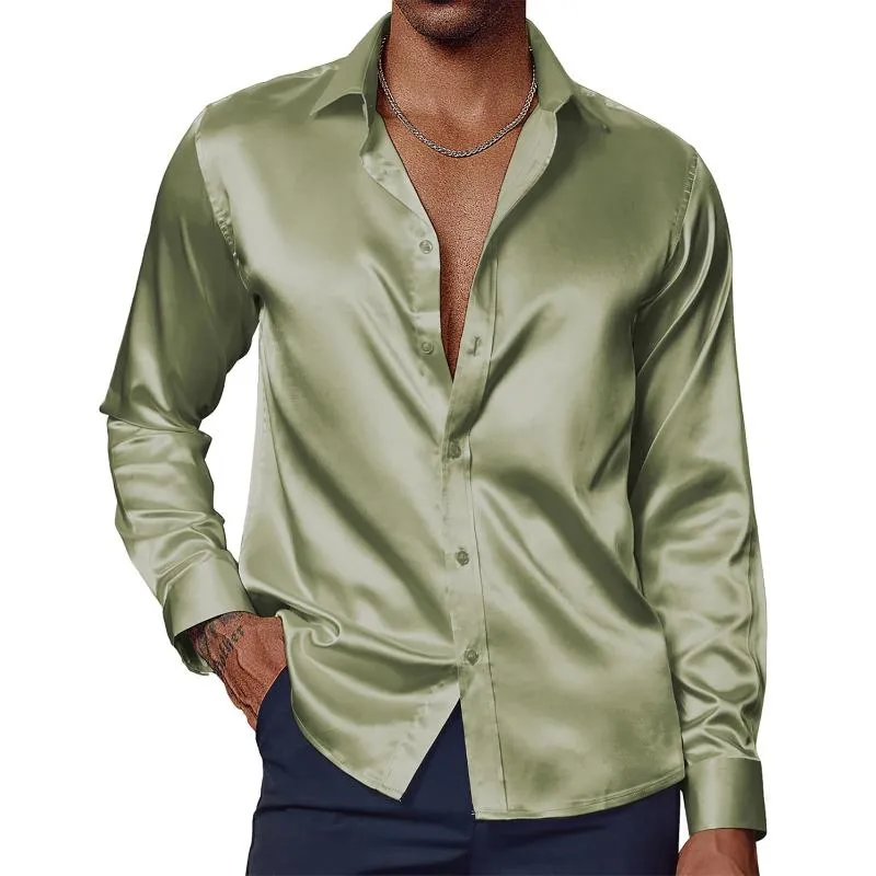 Men's Casual Solid Color Satin Lapel Long Sleeve Shirt 51577471Y