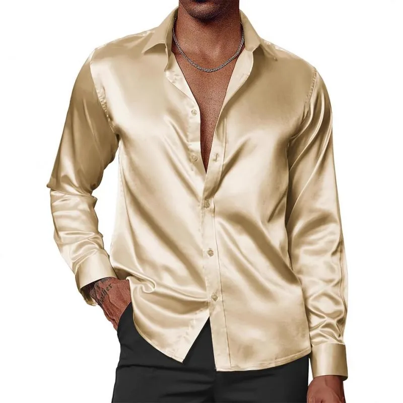 Men's Casual Solid Color Satin Lapel Long Sleeve Shirt 51577471Y