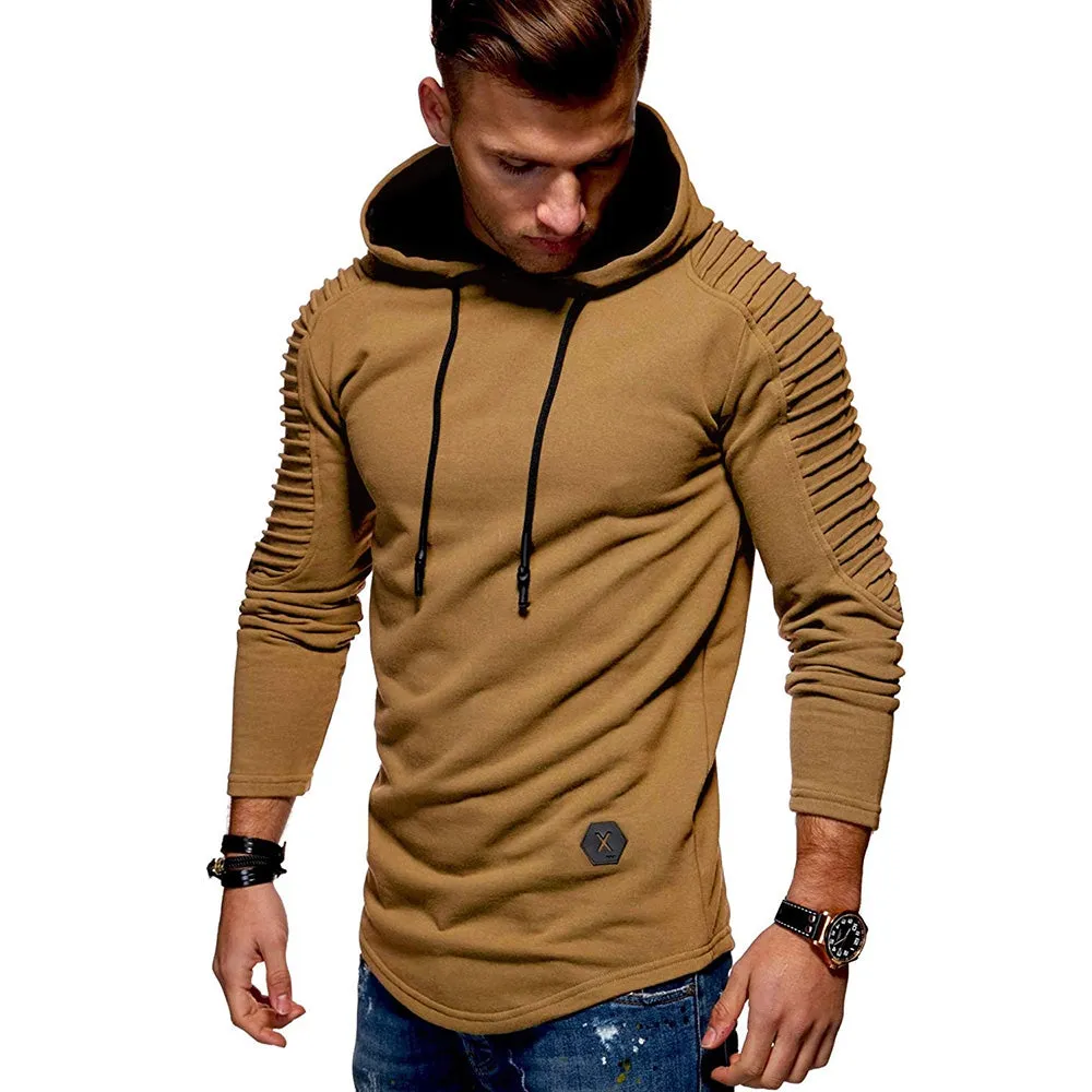 Men's Solid Color Pleated Long Sleeve s Fleece Hoodie