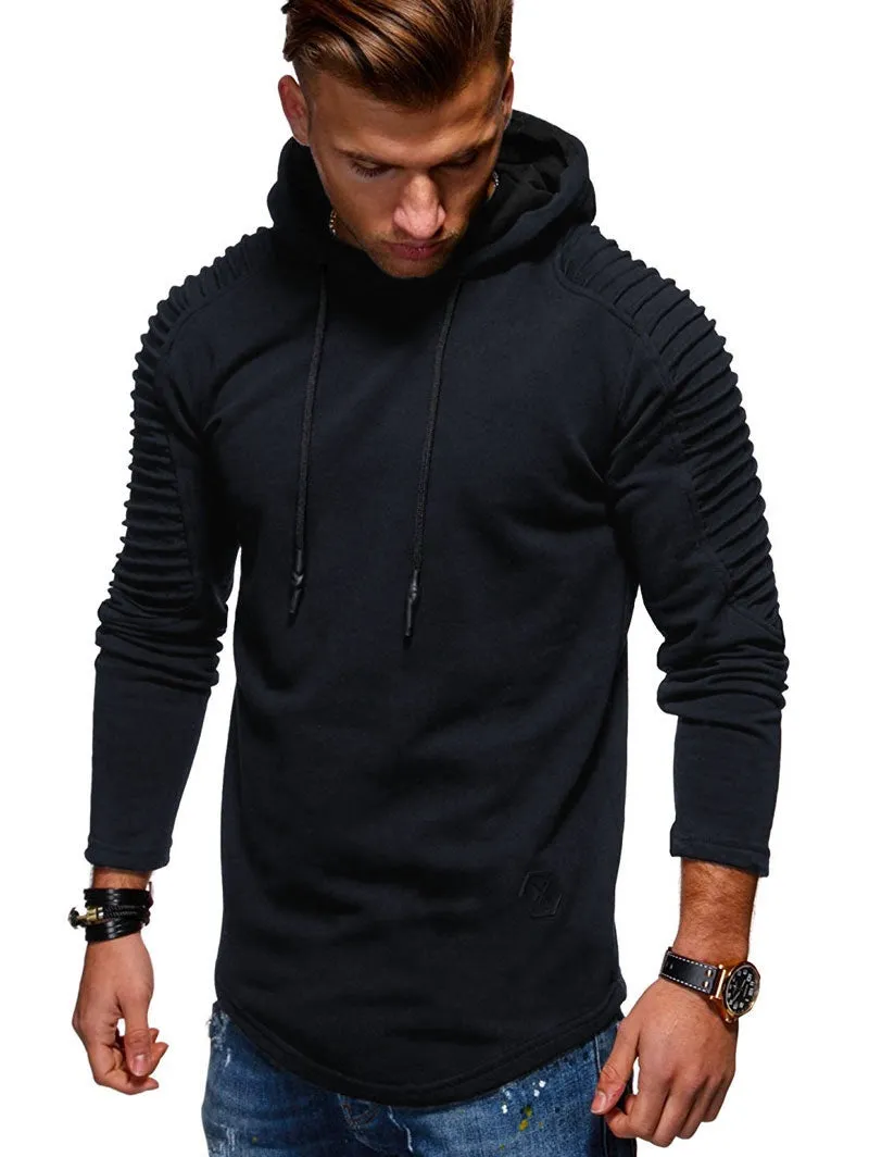 Men's Solid Color Pleated Long Sleeve s Fleece Hoodie