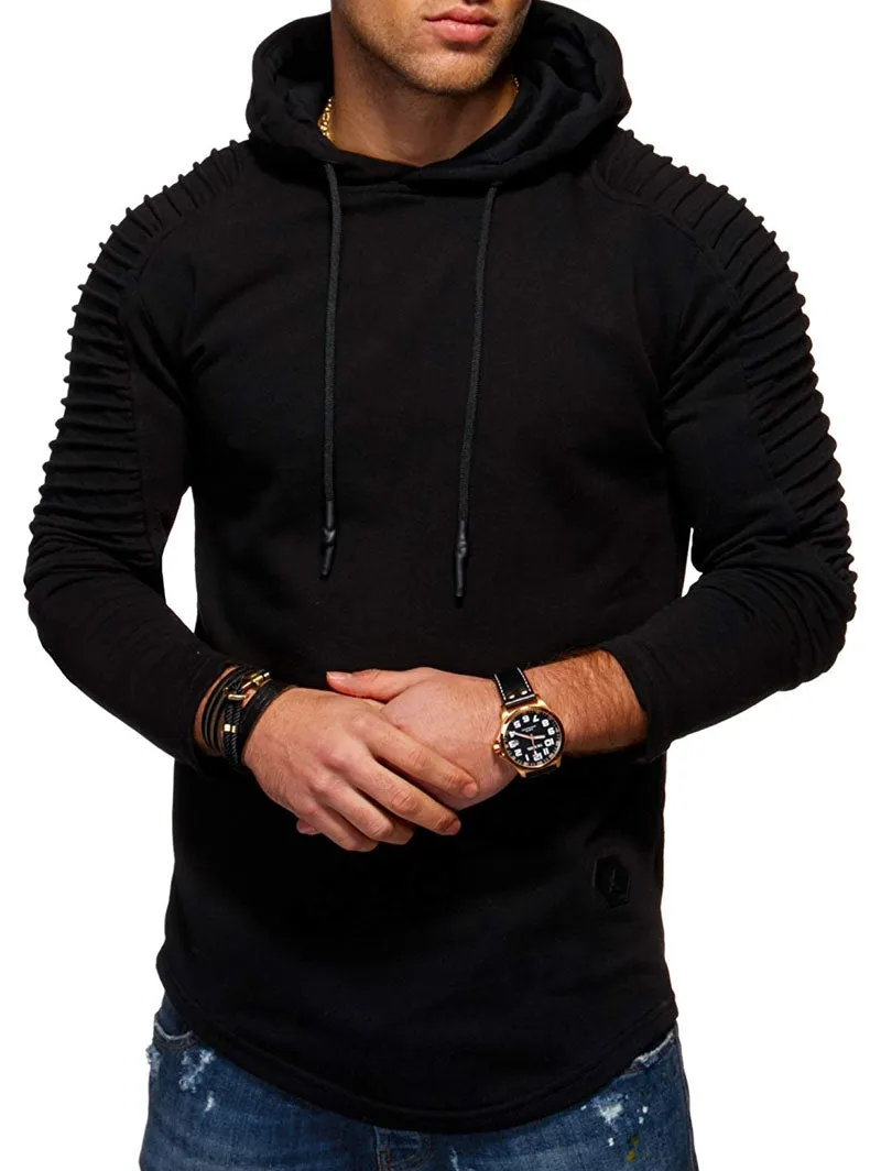 Men's Solid Color Pleated Long Sleeve s Fleece Hoodie