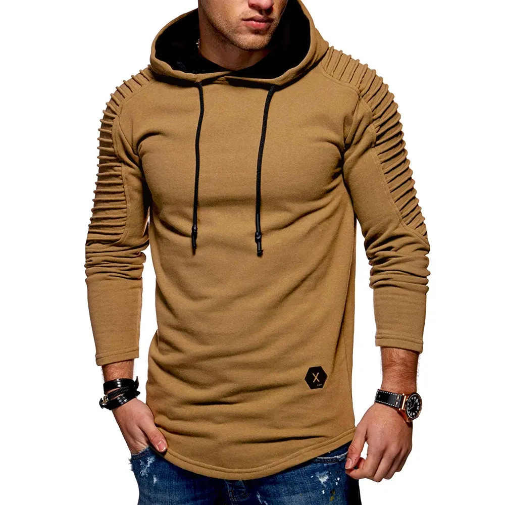 Men's Solid Color Pleated Long Sleeve s Fleece Hoodie