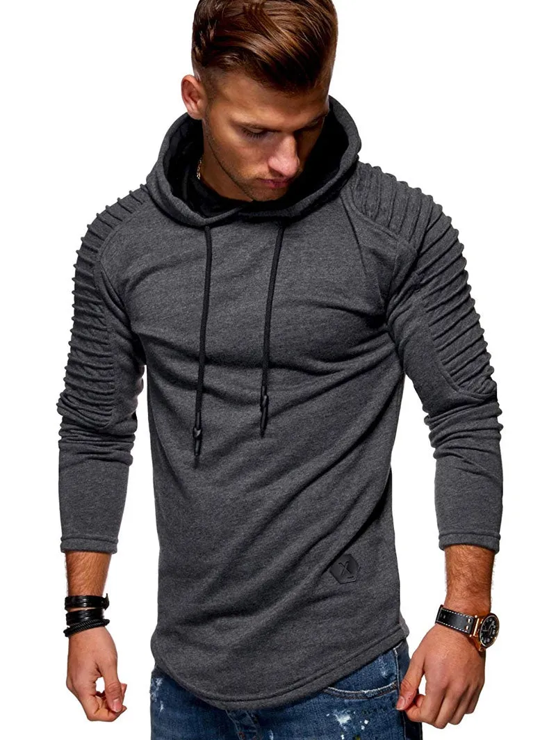 Men's Solid Color Pleated Long Sleeve s Fleece Hoodie