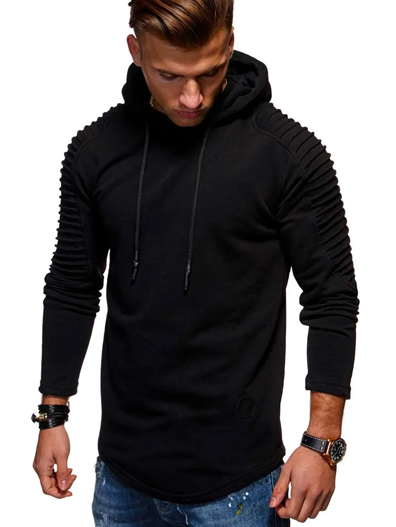 Men's Solid Color Pleated Long Sleeve s Fleece Hoodie