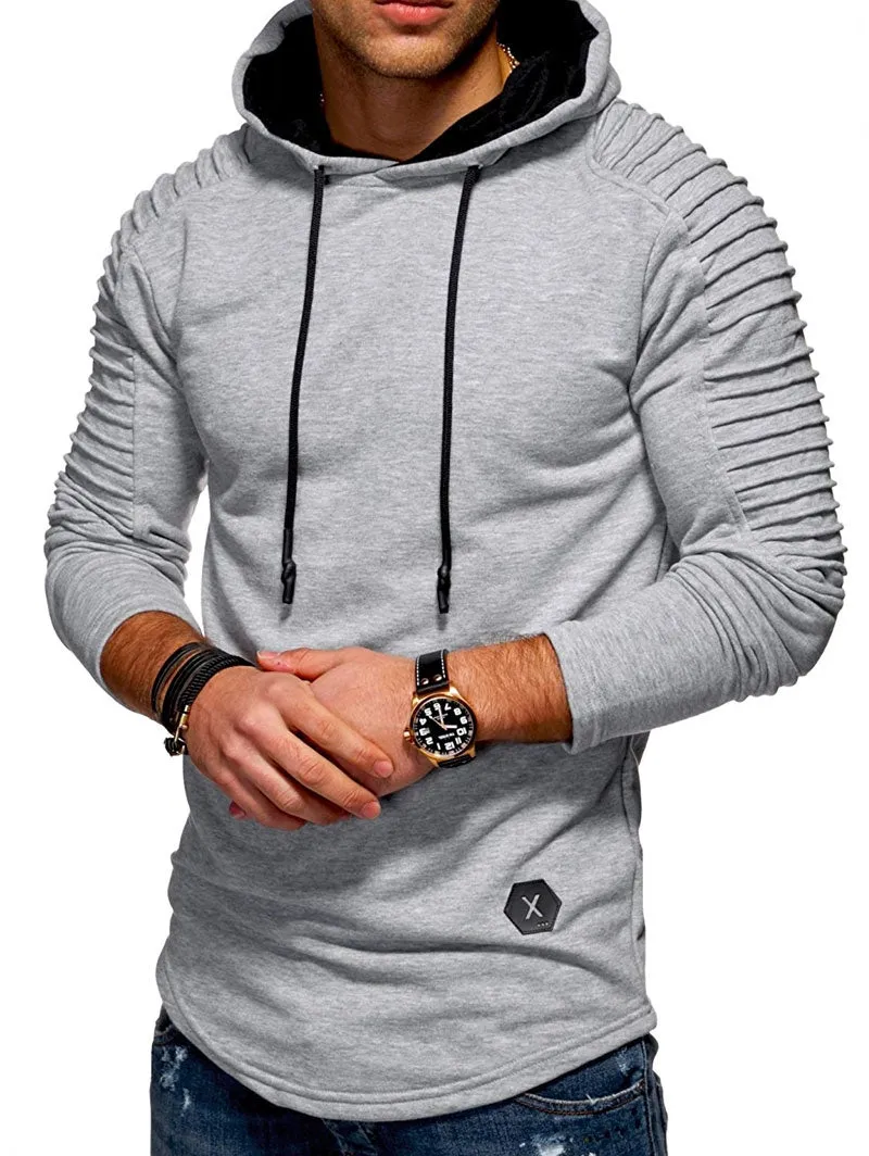 Men's Solid Color Pleated Long Sleeve s Fleece Hoodie