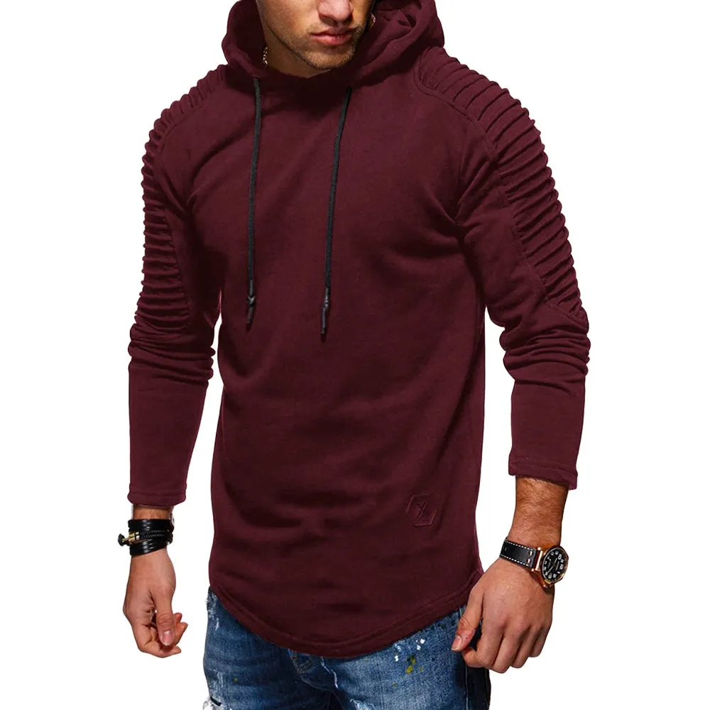 Men's Solid Color Pleated Long Sleeve s Fleece Hoodie