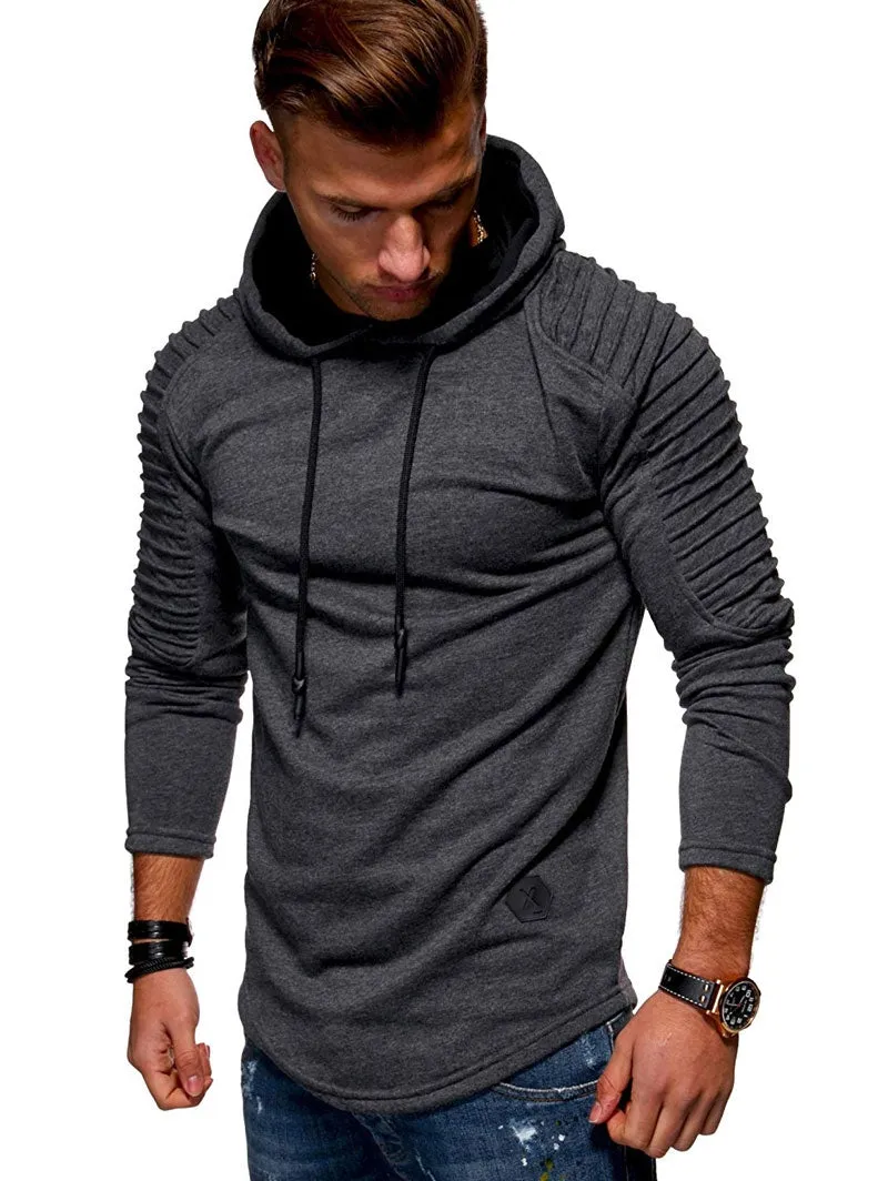 Men's Solid Color Pleated Long Sleeve s Fleece Hoodie