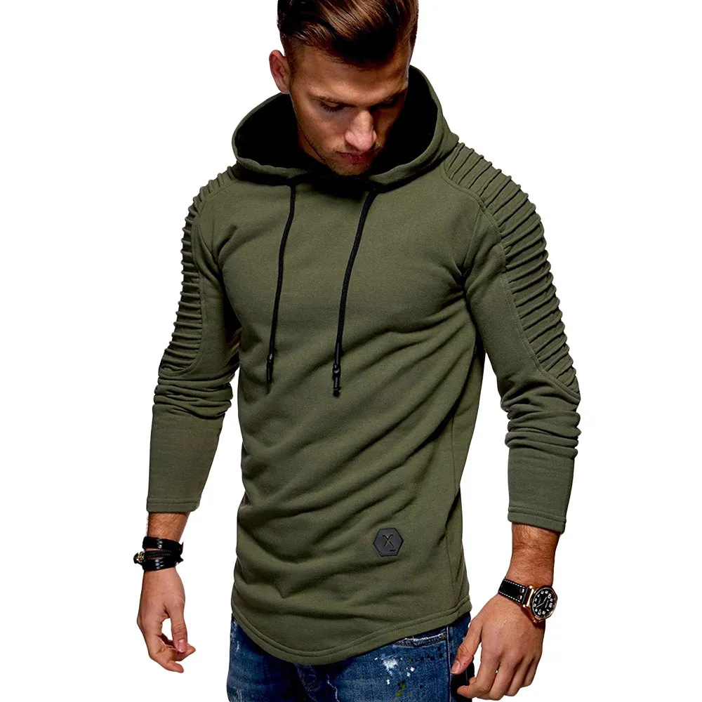 Men's Solid Color Pleated Long Sleeve s Fleece Hoodie