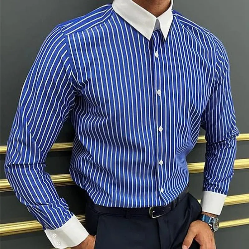 Men's Striped Colorblock Lapel Long Sleeve Casual Shirt 92383317Z