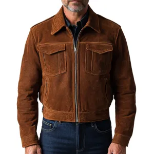 Men's Vintage Slim Fit Brown Suede Cropped Jacket 93587587U