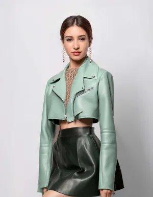 Mint Green Crop Leather Jacket