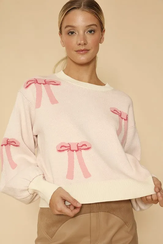 MISS SPARKLING Pink Bow Print knit Pullover Sweater