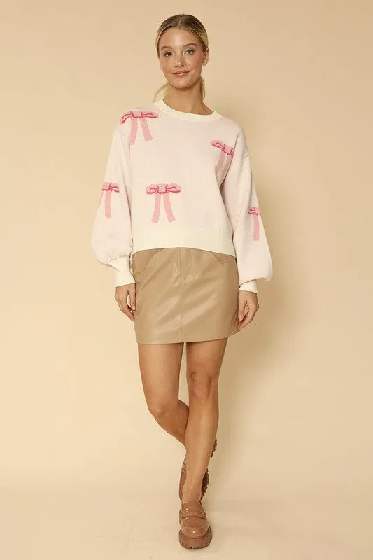 MISS SPARKLING Pink Bow Print knit Pullover Sweater