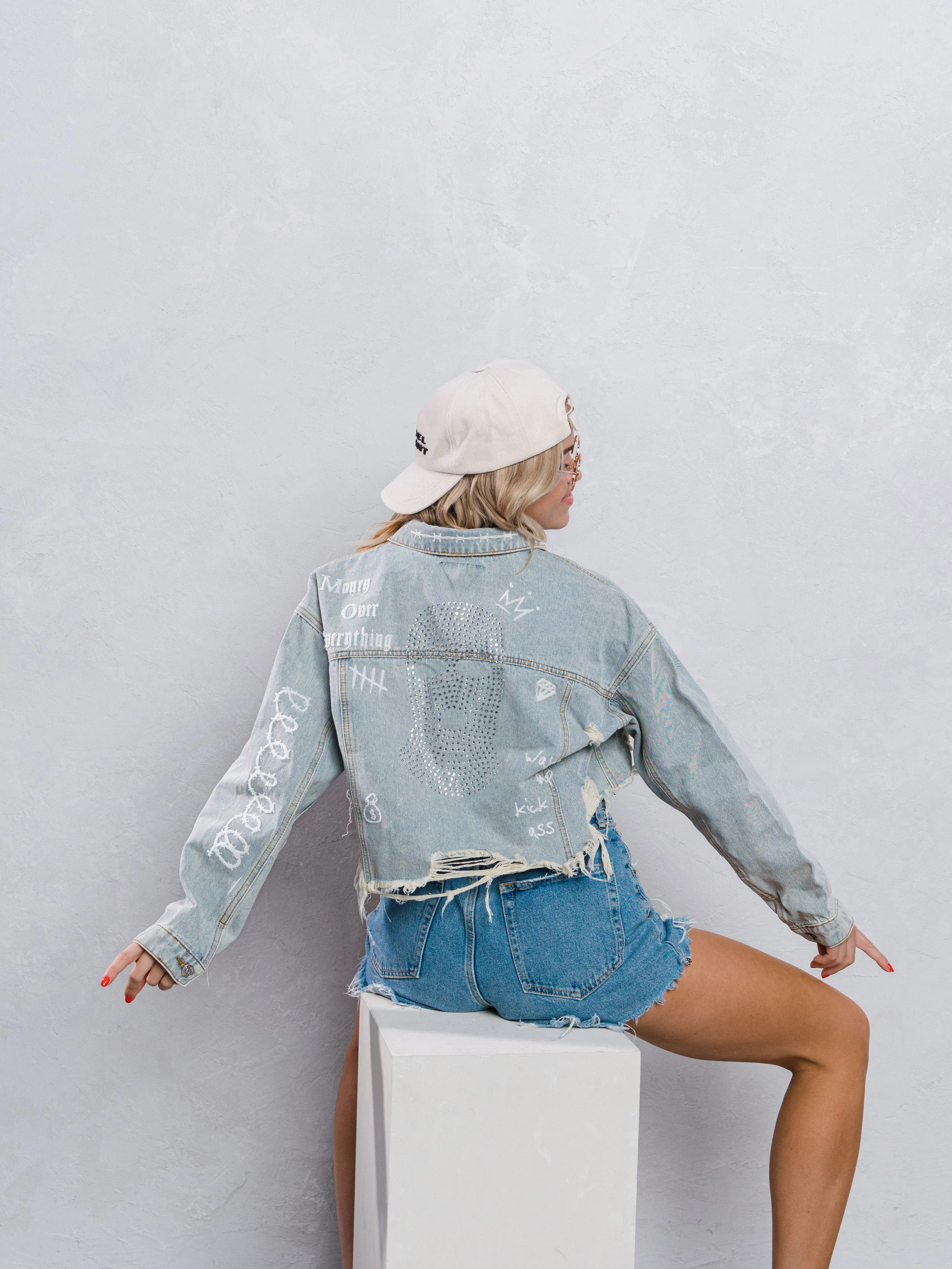 MONEY OVER EVERYTHING Crop Denim Jacket