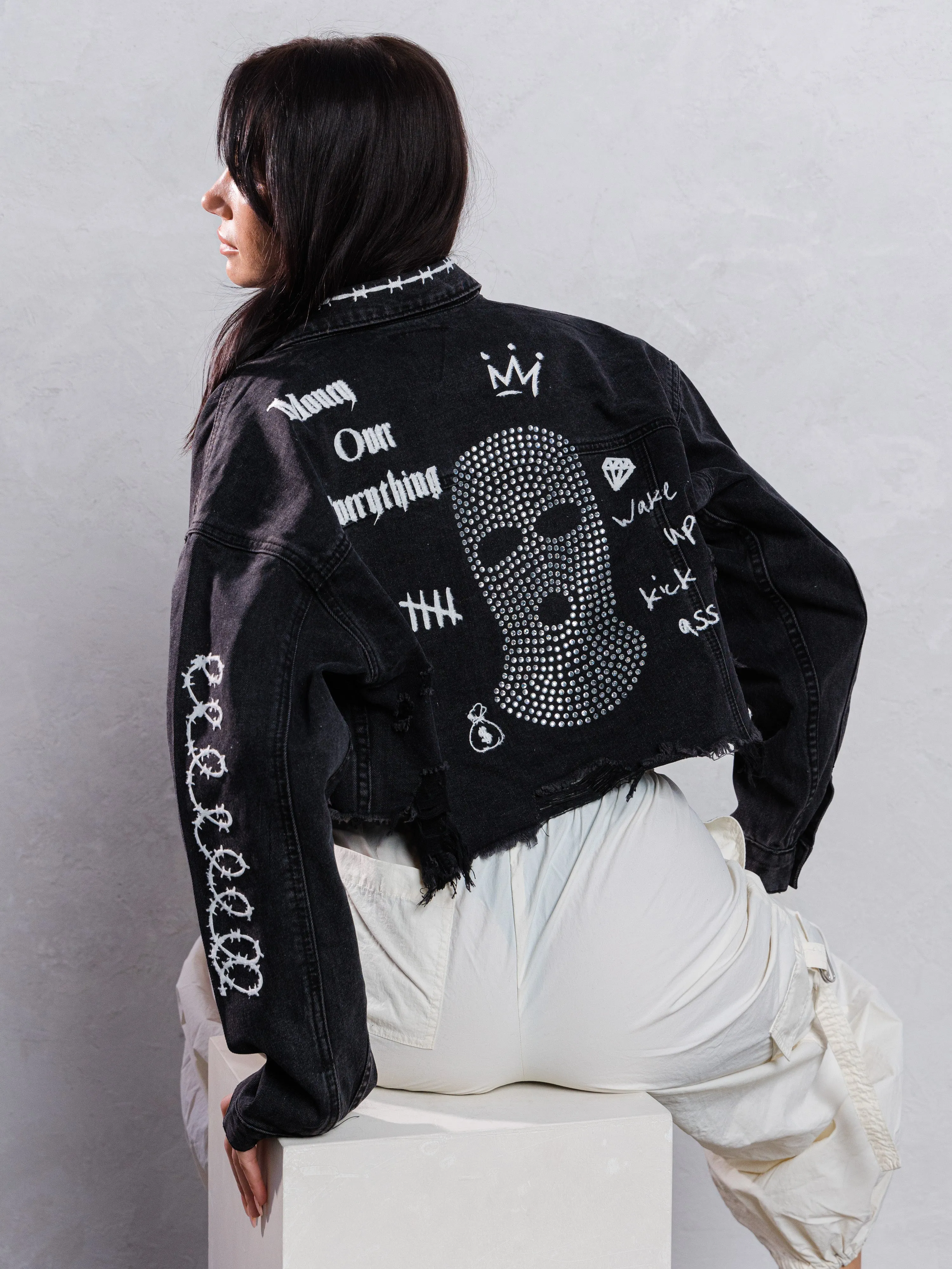 MONEY OVER EVERYTHING Crop Denim Jacket