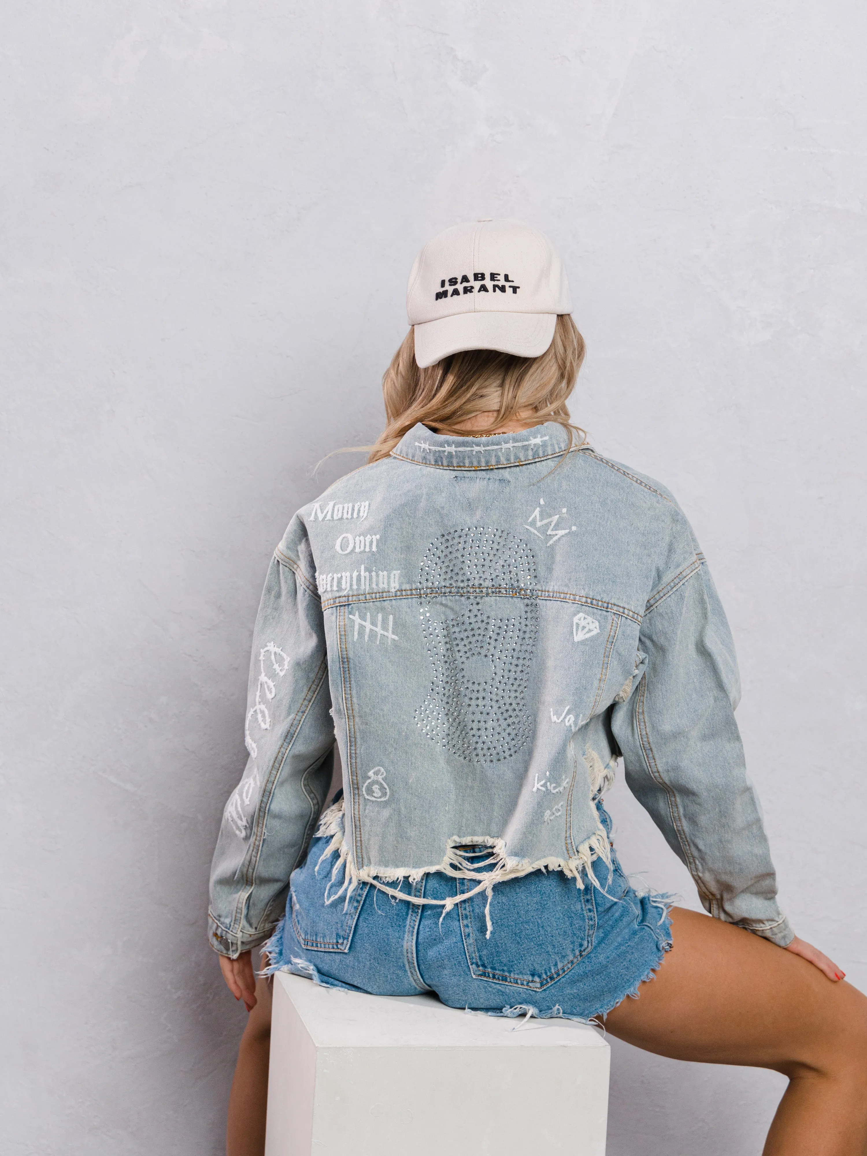 MONEY OVER EVERYTHING Crop Denim Jacket