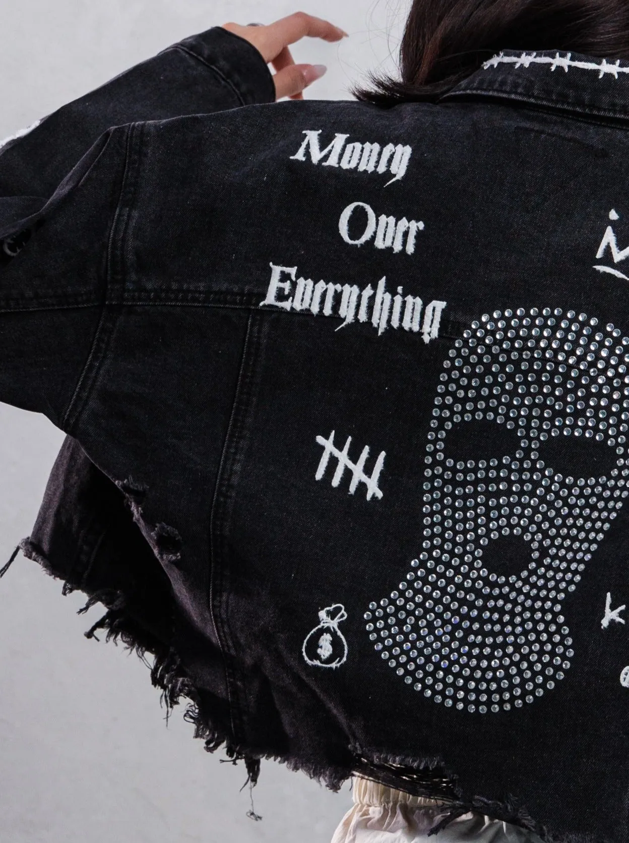 MONEY OVER EVERYTHING Crop Denim Jacket