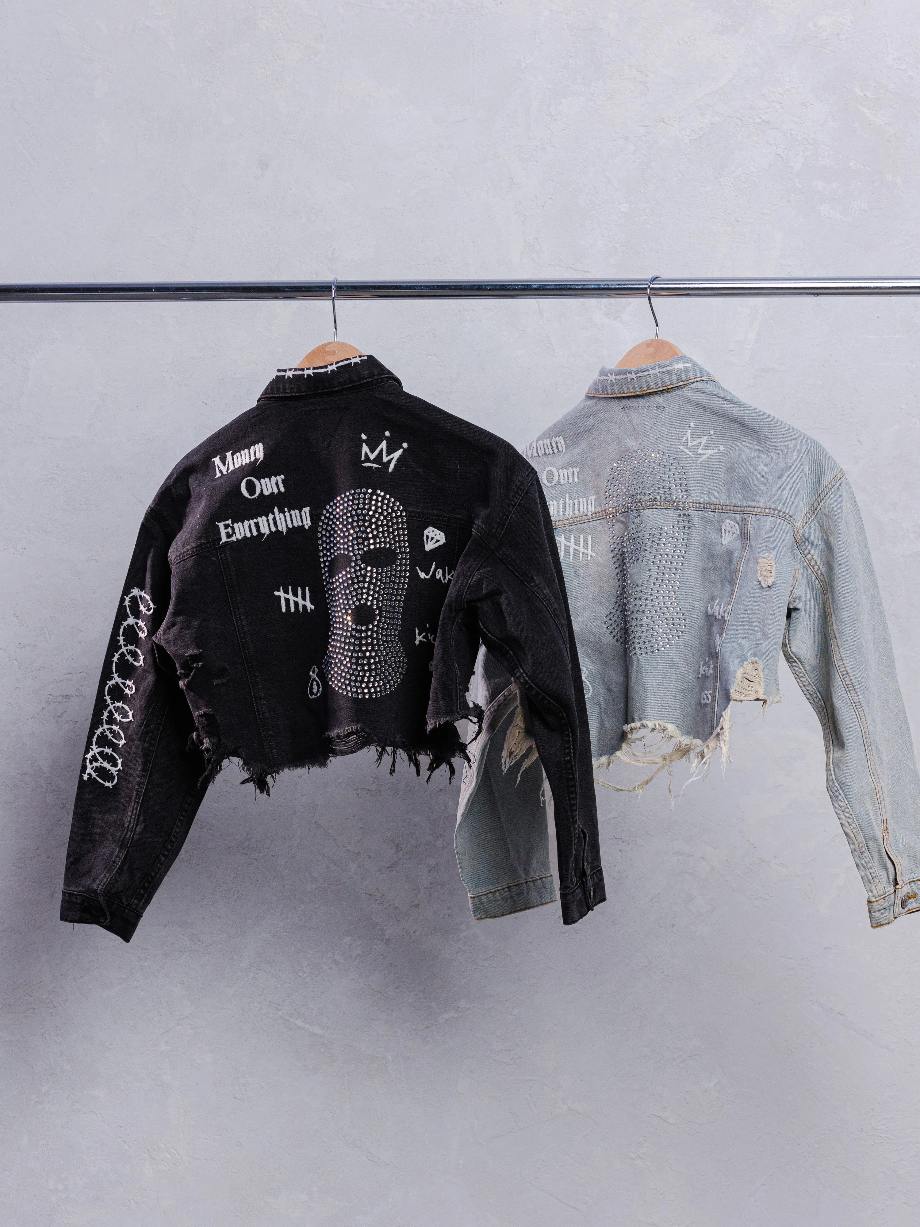 MONEY OVER EVERYTHING Crop Denim Jacket