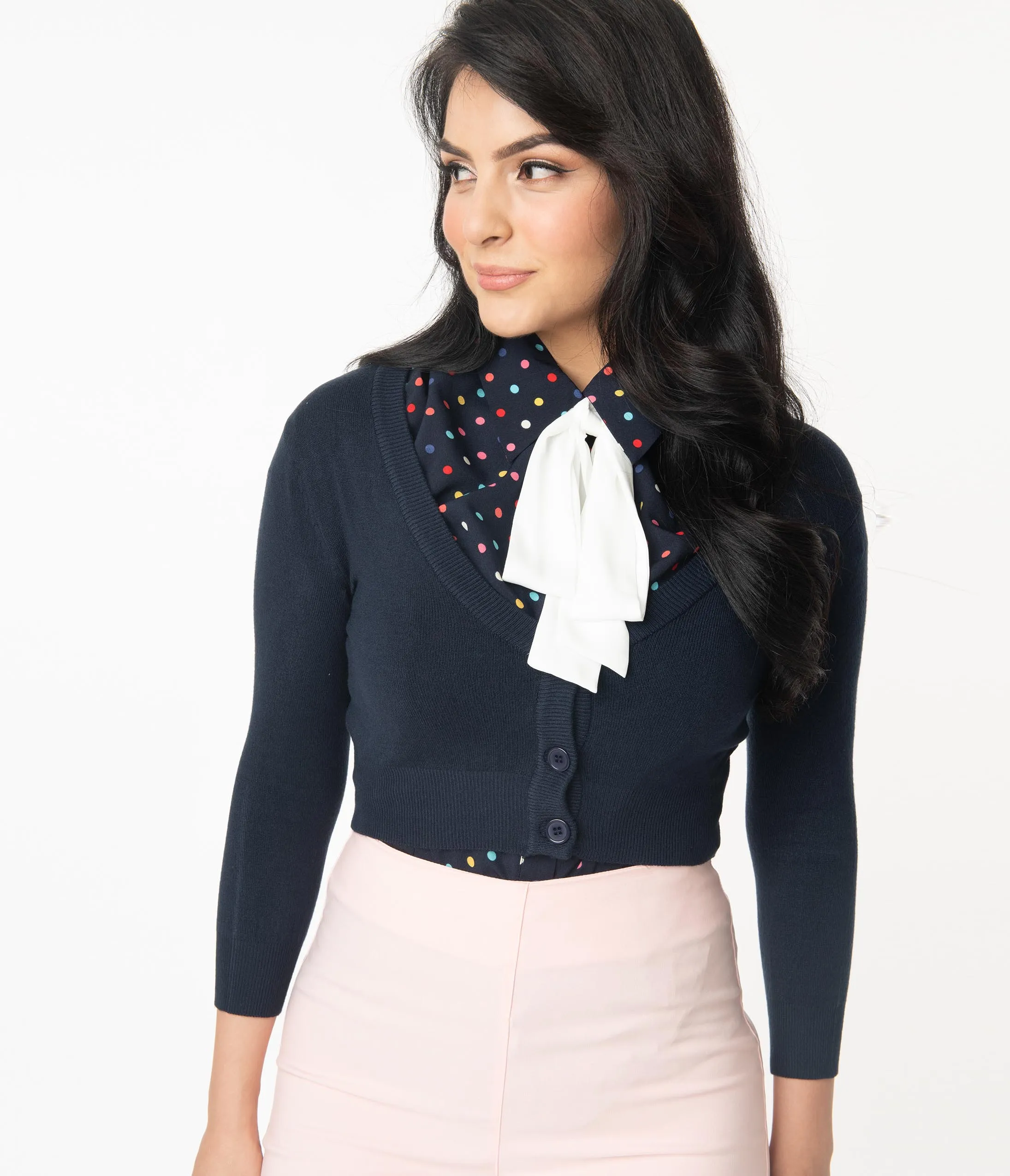 Navy Blue Three-Quarter Sleeve Button Up Crop Cardigan