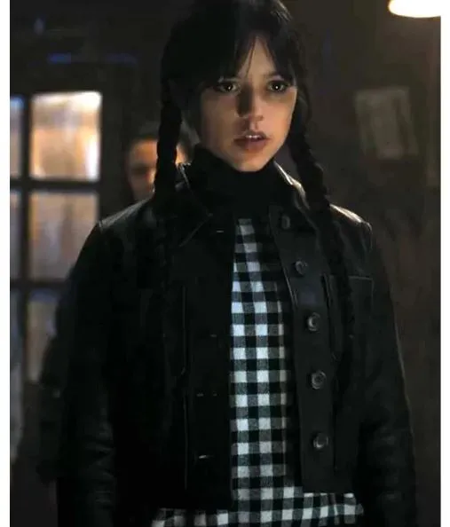 Netflix Wednesday Addams Jenna Ortega Black Leather Jacket