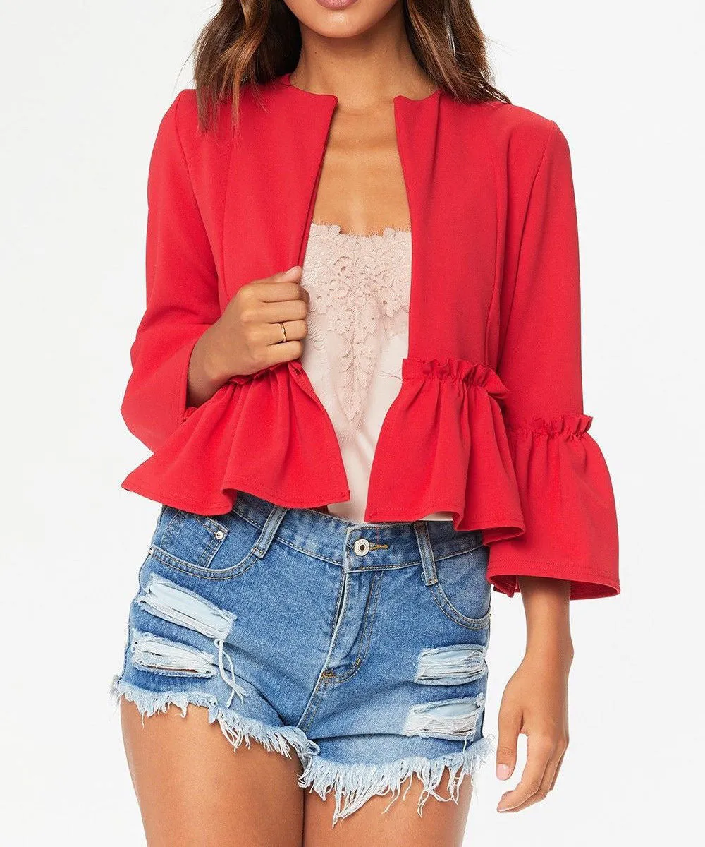 New Ruffled Trumpet Sleeves Solid Color Blazer