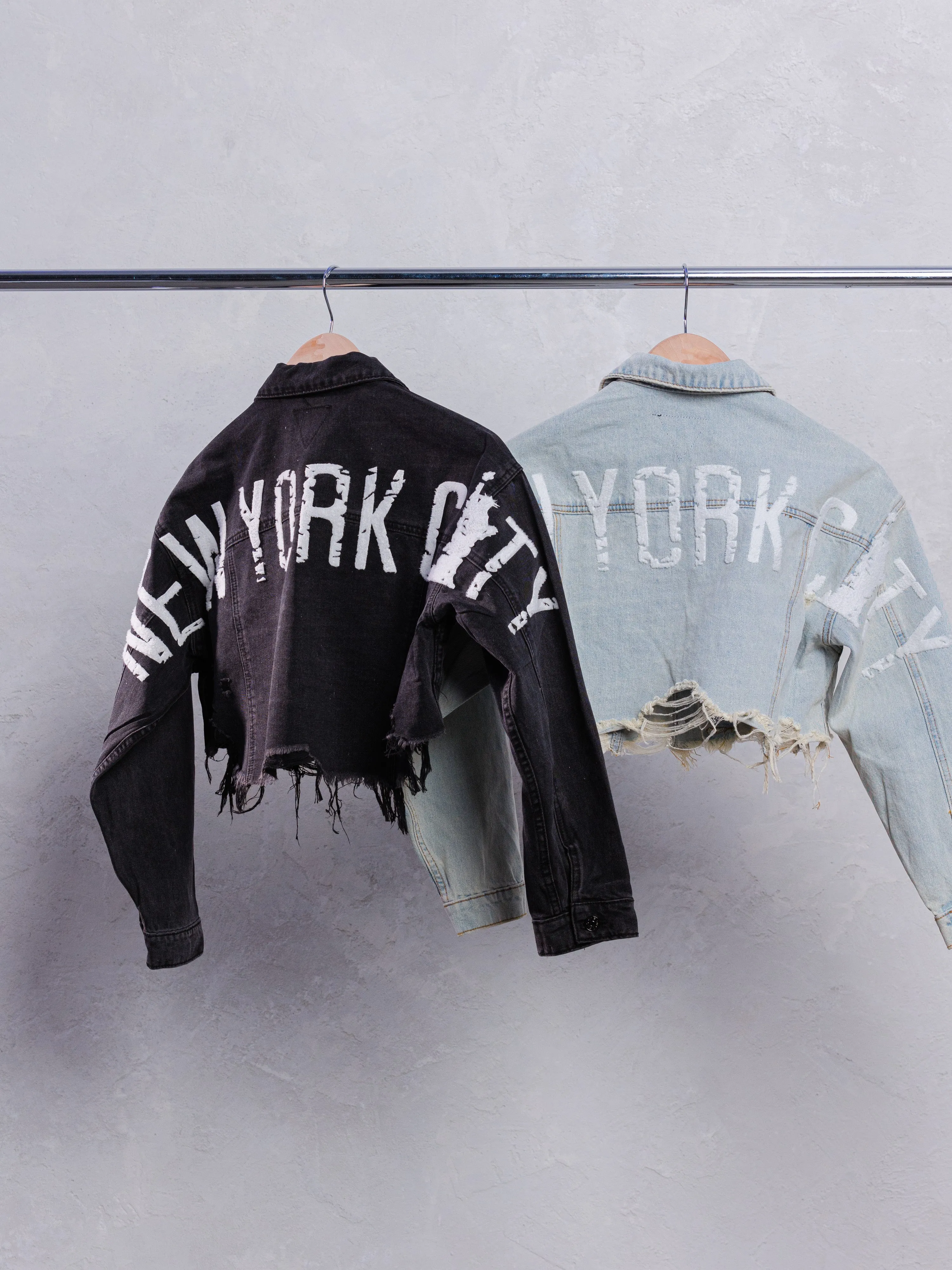 NEW YORK CITY distressed font Crop Denim Jacket