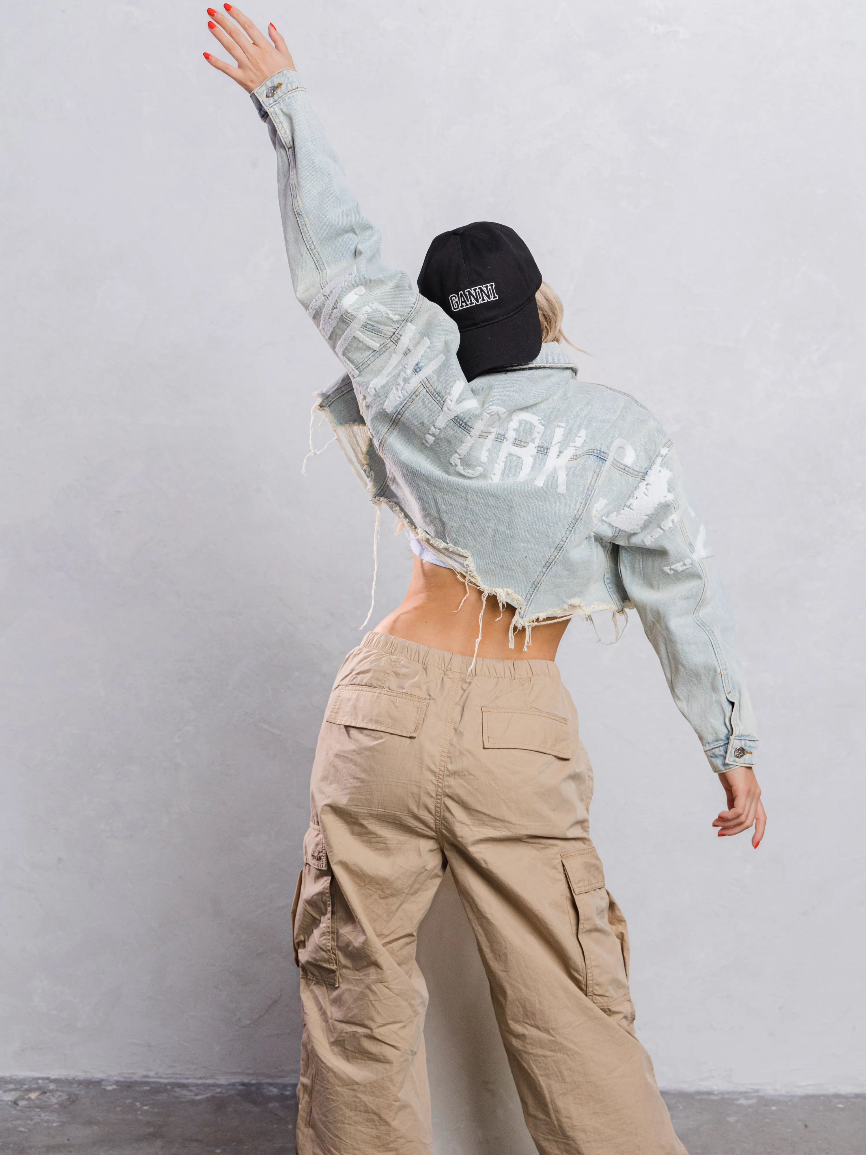 NEW YORK CITY distressed font Crop Denim Jacket