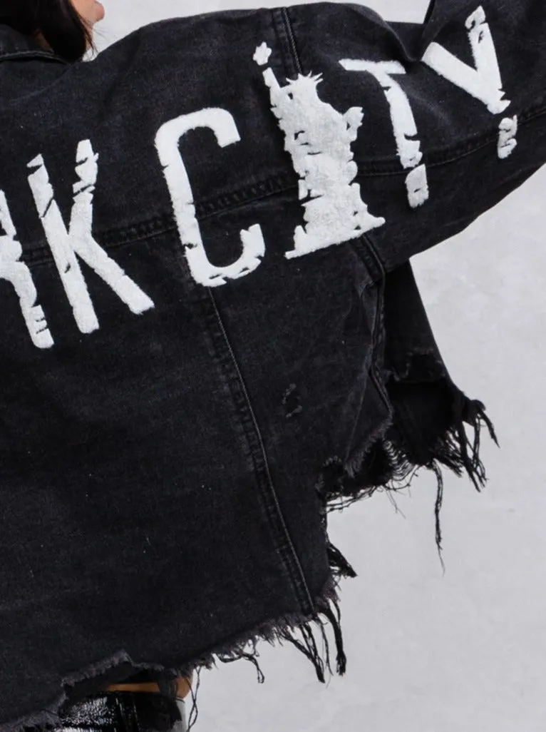 NEW YORK CITY distressed font Crop Denim Jacket