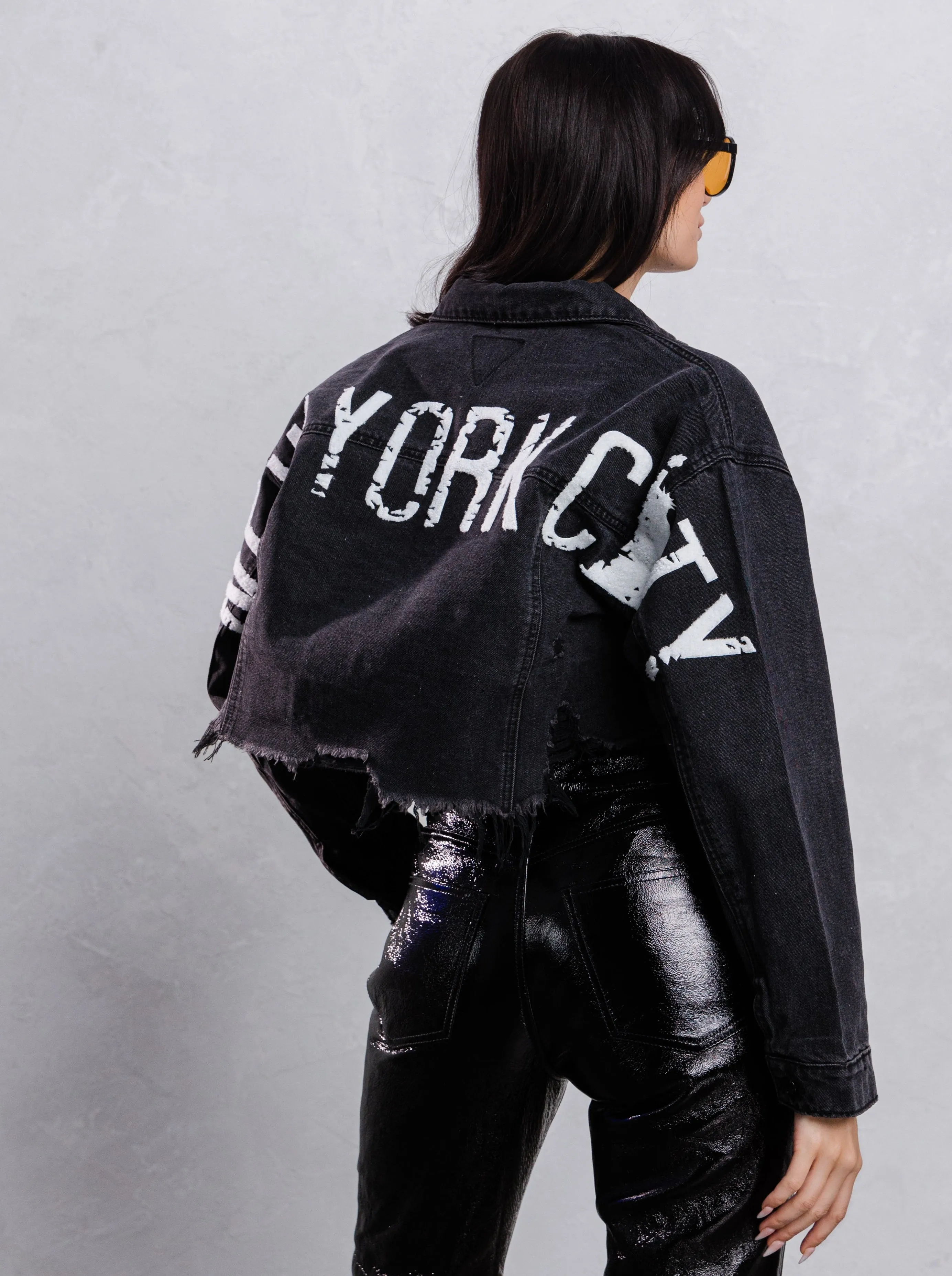 NEW YORK CITY distressed font Crop Denim Jacket