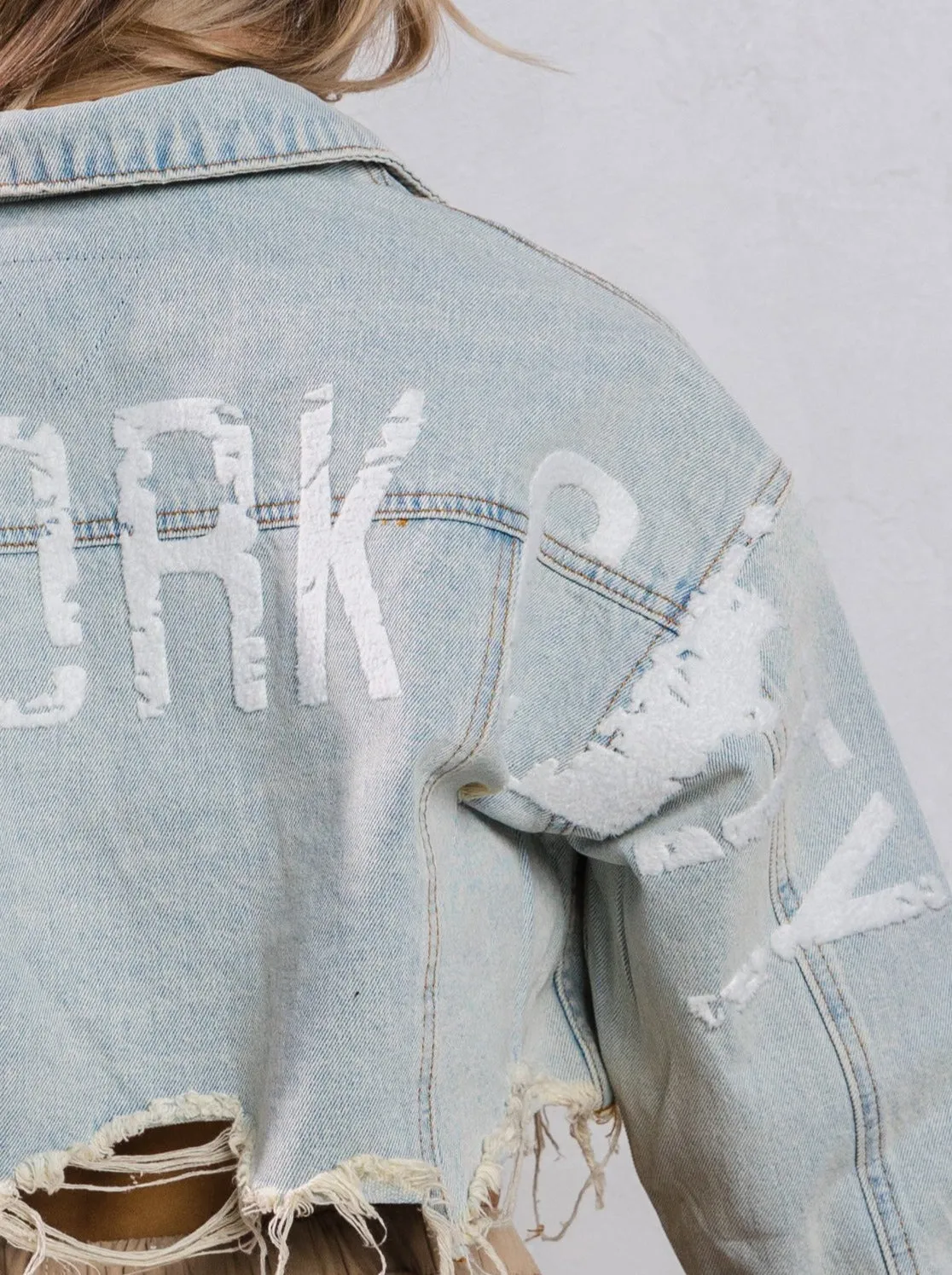 NEW YORK CITY distressed font Crop Denim Jacket