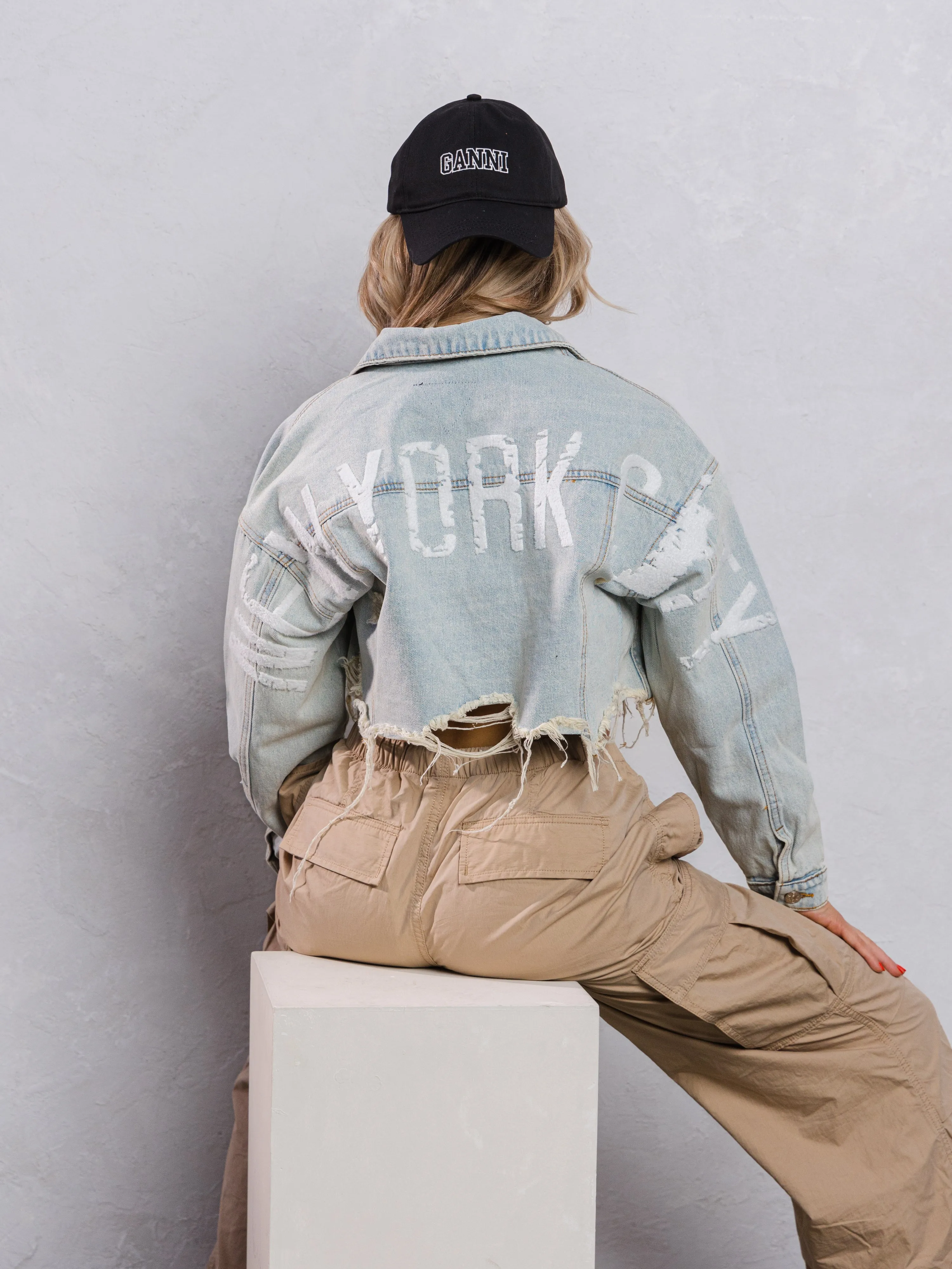 NEW YORK CITY distressed font Crop Denim Jacket