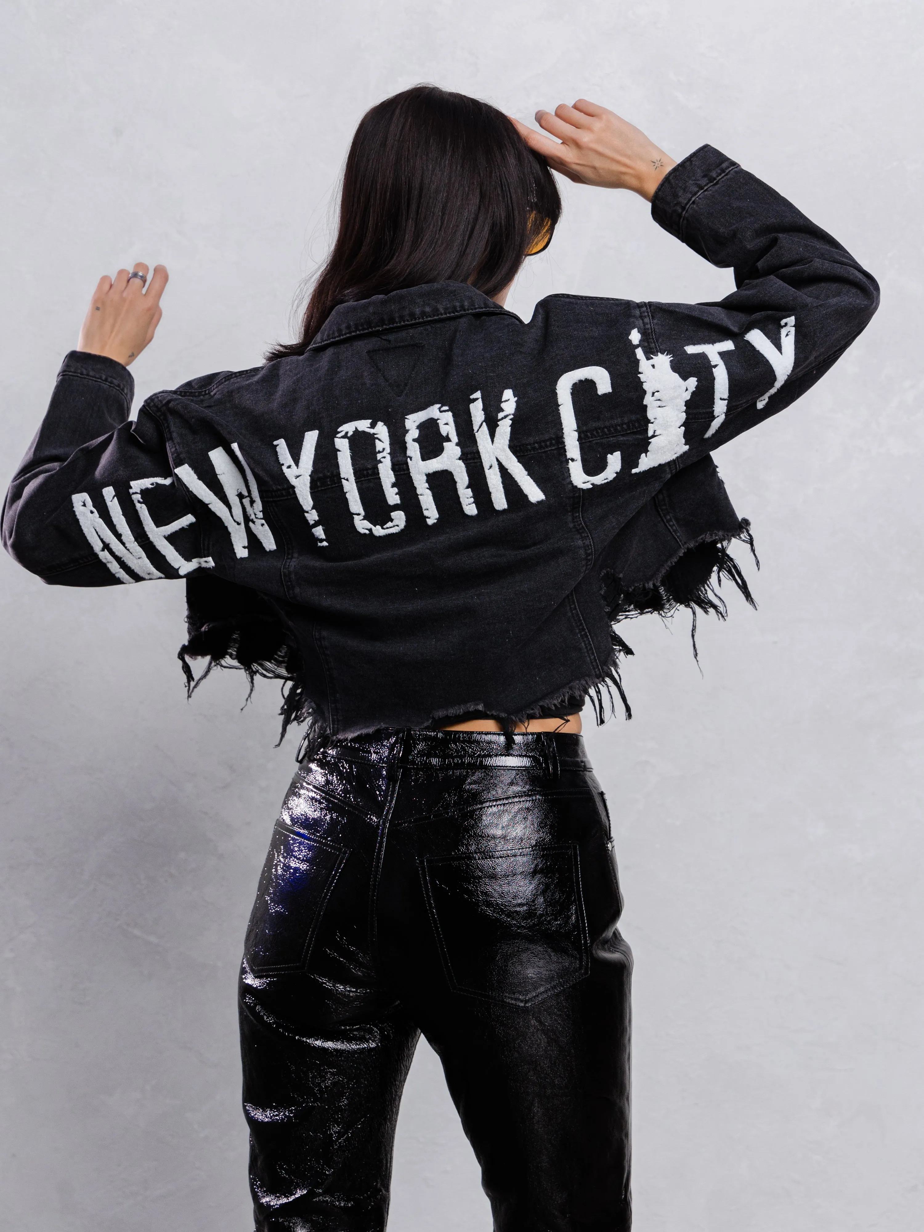 NEW YORK CITY distressed font Crop Denim Jacket