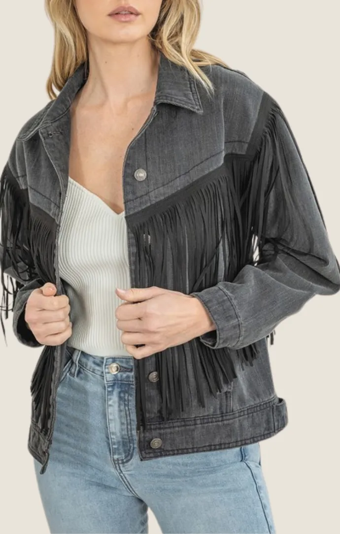 Nova Black Denim Fringe Jacket