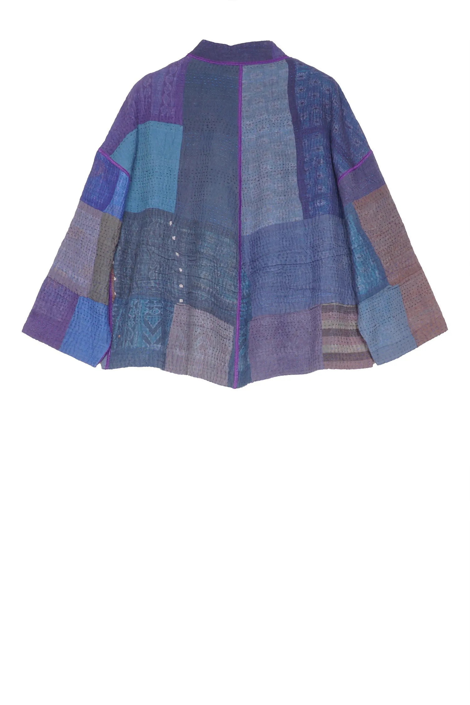 OMBRE PATCHED KANTHA STAND COLLAR CROPPED JKT - op4034-blu -