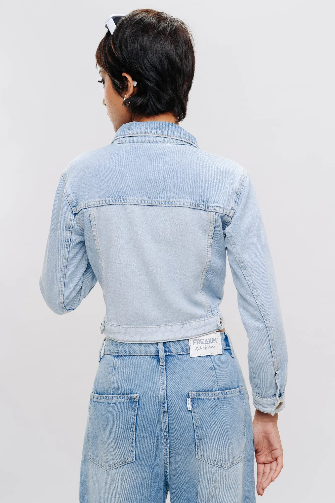 Open Belted Denim Crop Jacket