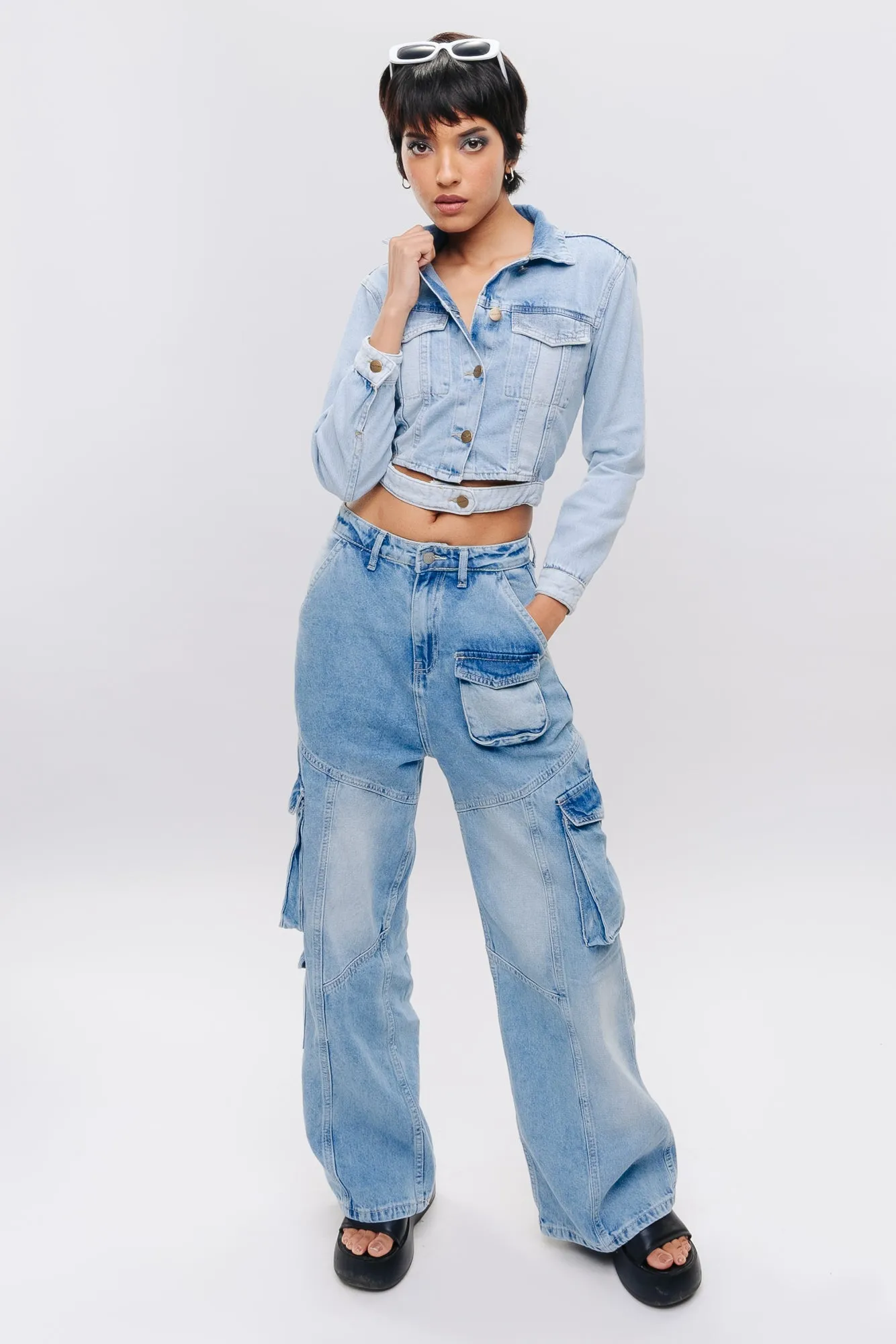 Open Belted Denim Crop Jacket