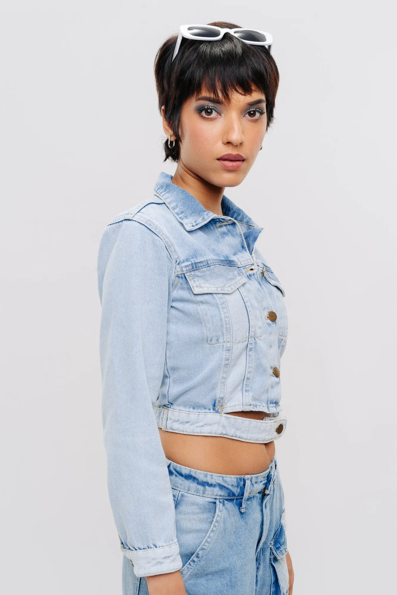 Open Belted Denim Crop Jacket