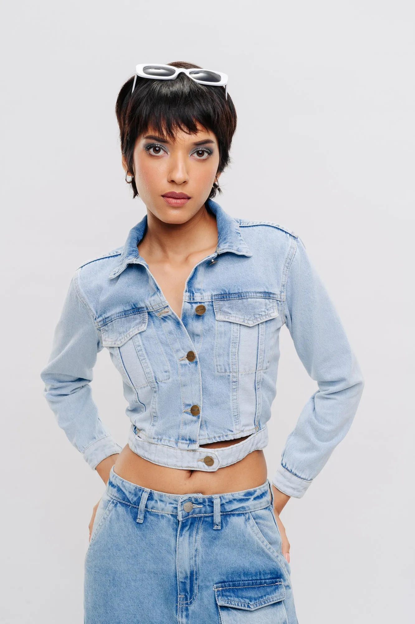 Open Belted Denim Crop Jacket