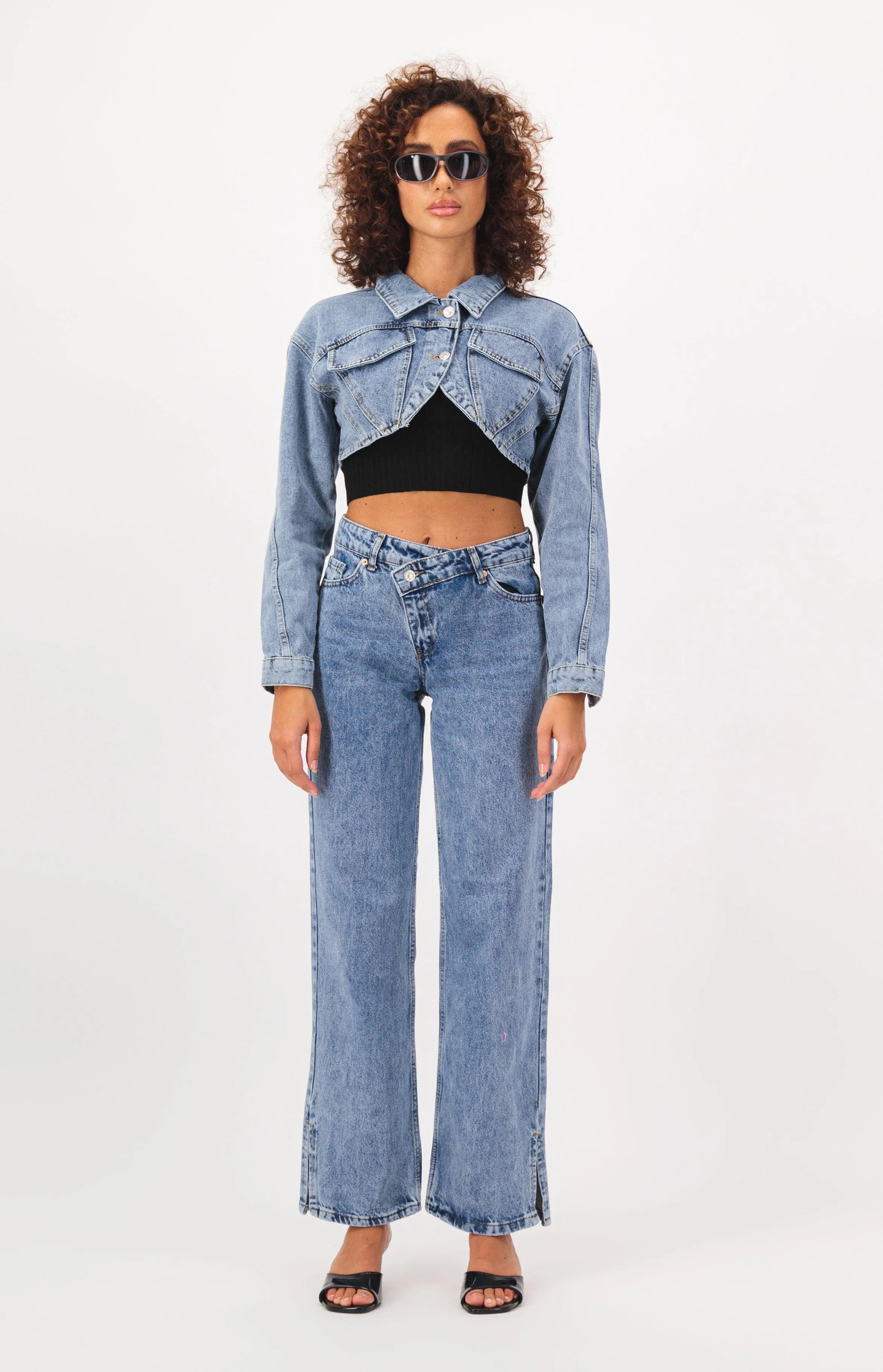 Oval Cut Cropped Denim Jacket