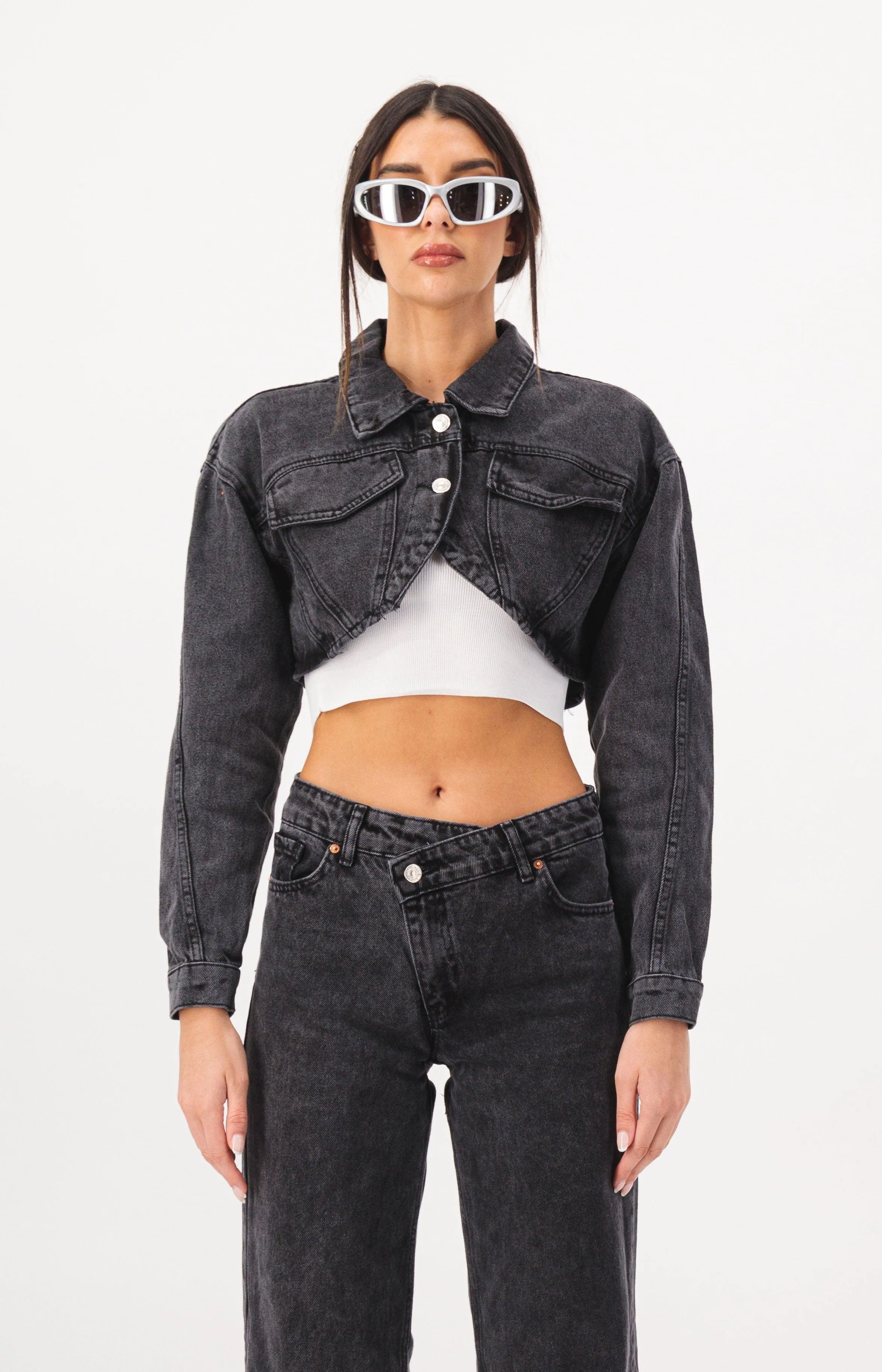 Oval Cut Cropped Denim Jacket