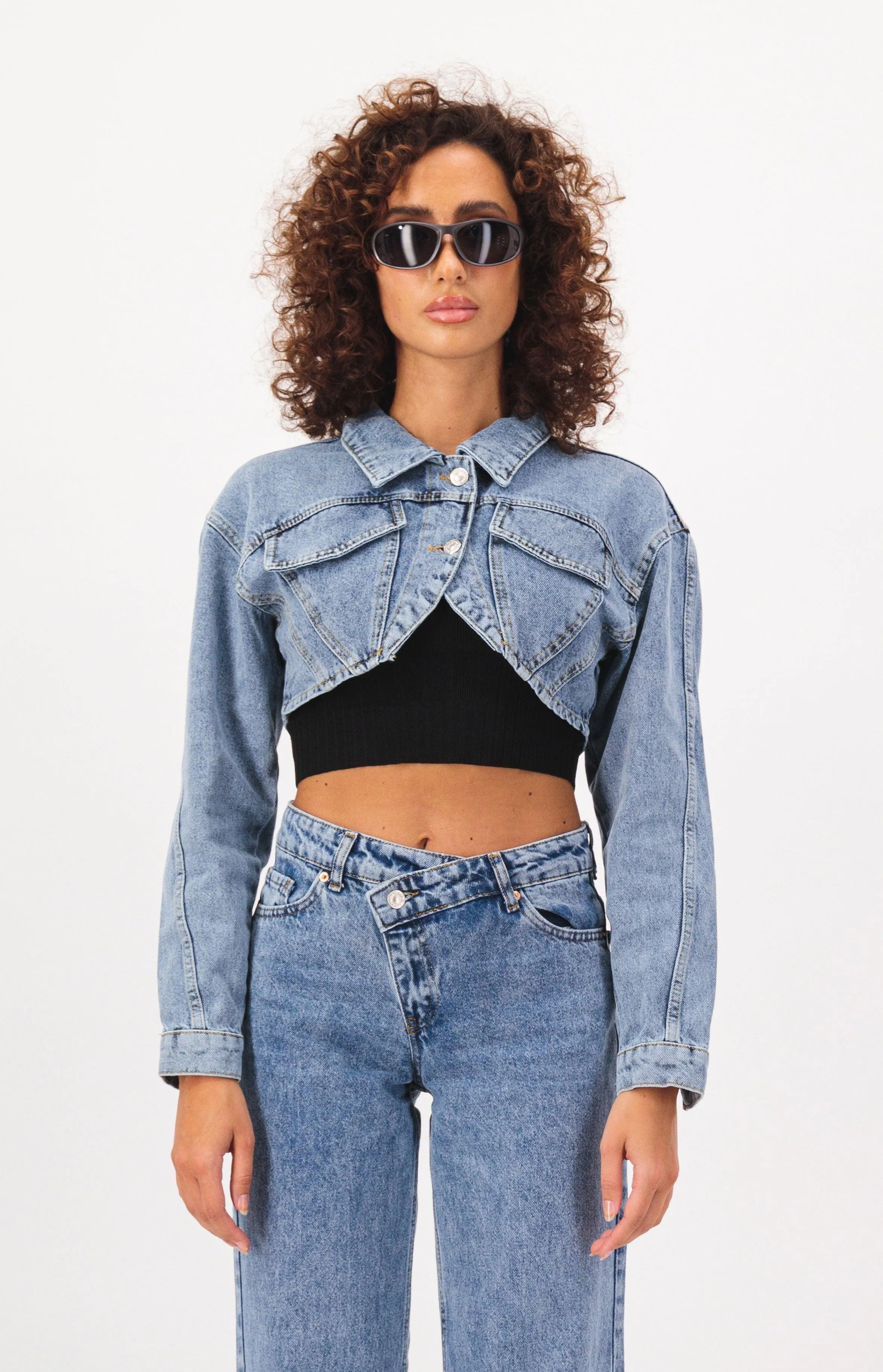 Oval Cut Cropped Denim Jacket