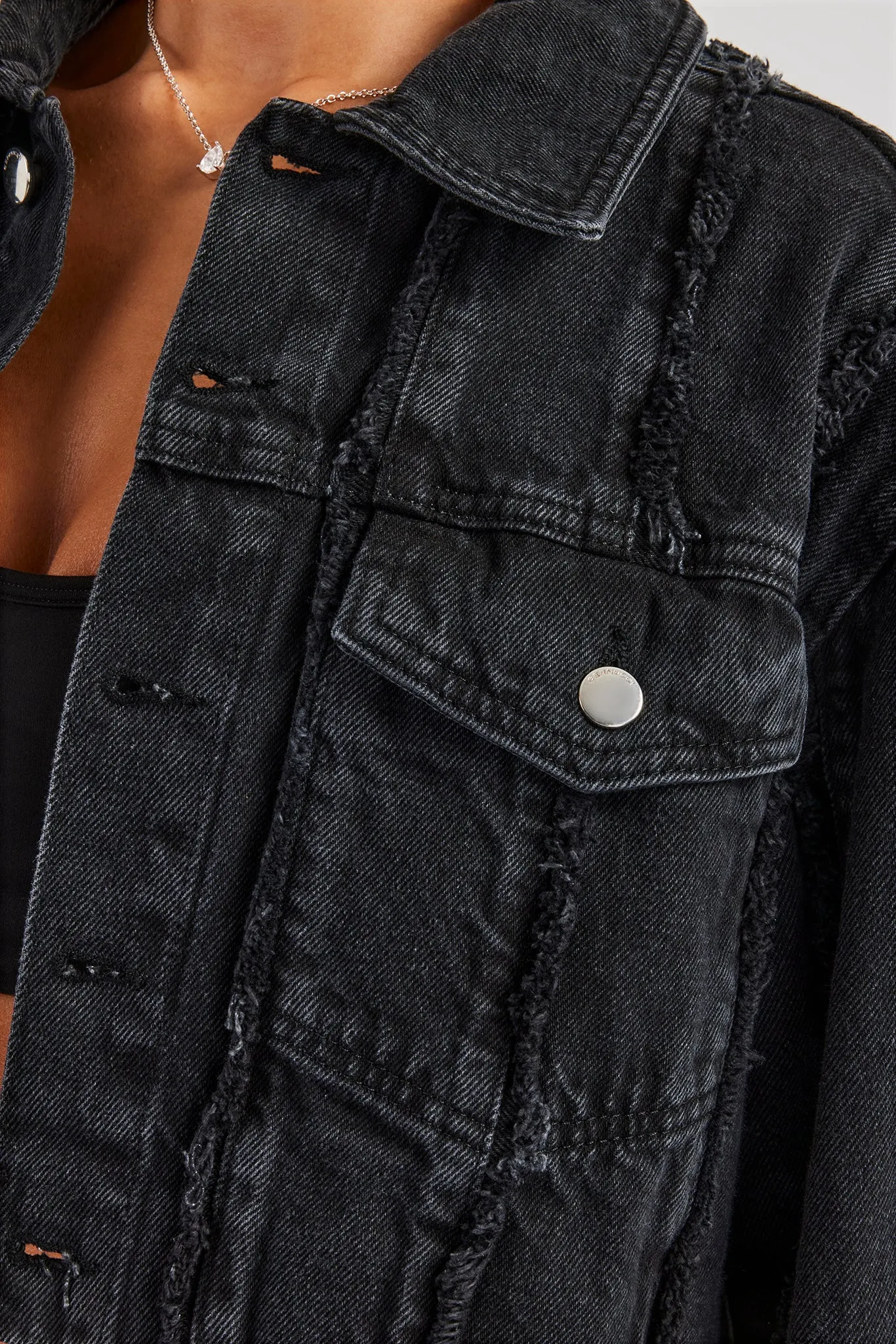 Oversized Raw Edge Cropped Denim Jacket - Washed Black