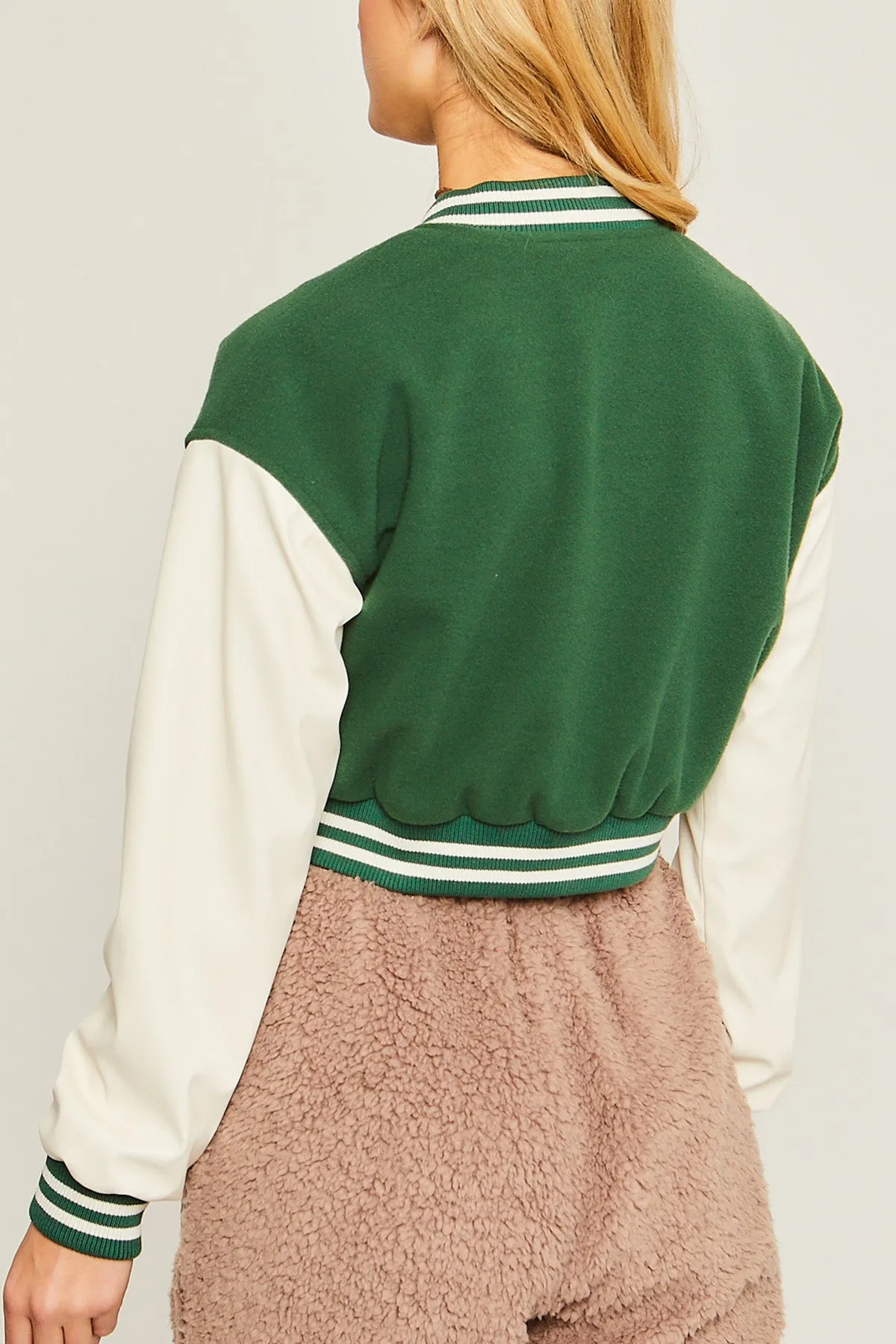 Patched Contrast PU Sleeve Baseball Jacket