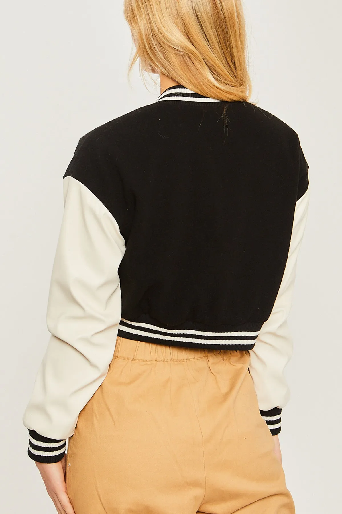 Patched Contrast PU Sleeve Baseball Jacket