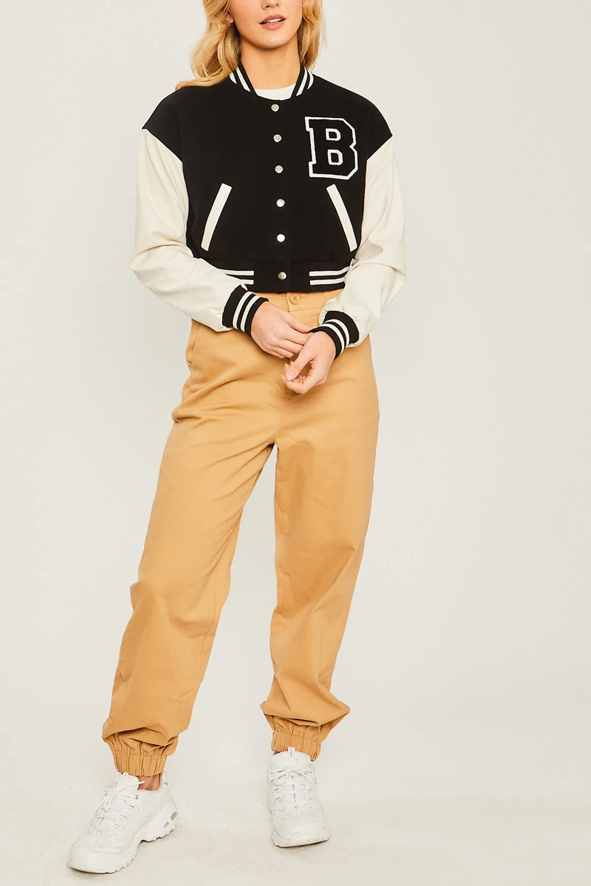 Patched Contrast PU Sleeve Baseball Jacket