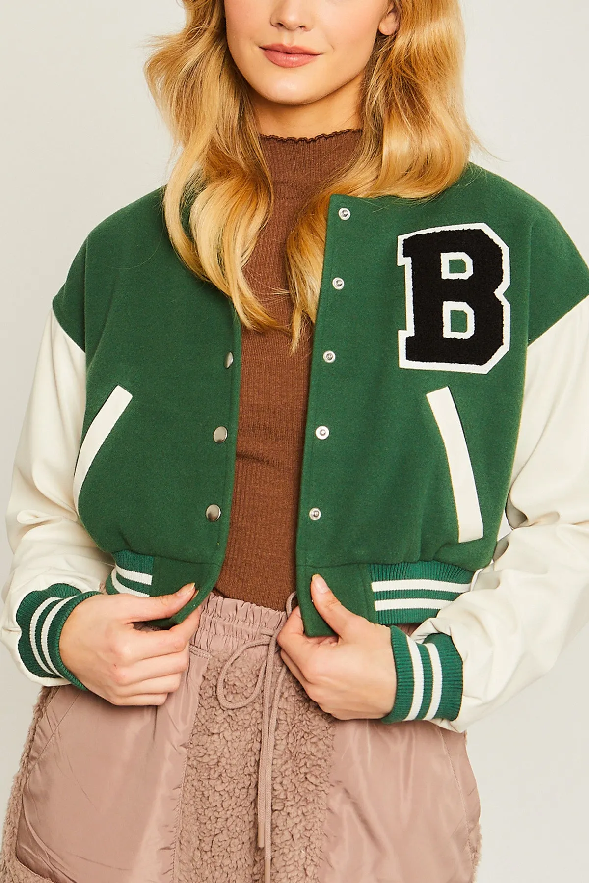 Patched Contrast PU Sleeve Baseball Jacket