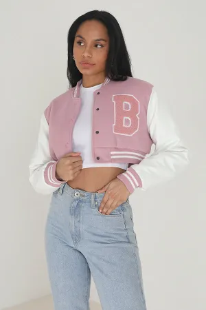 PINK FAUX WOOL LONG SLEEVE CROPPED VARSITY JACKET