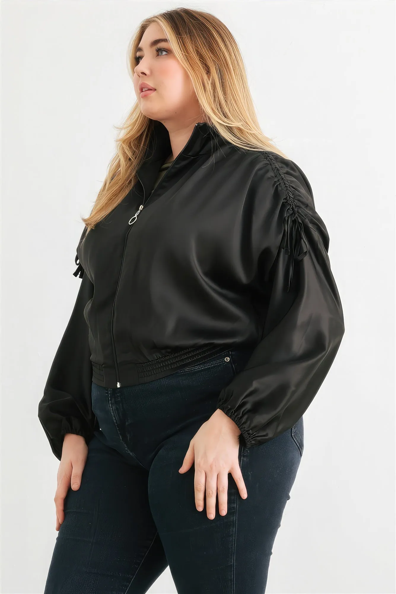 Plus Satin Zip-up Ruched Long Sleeve Cropped Bomber Jacket