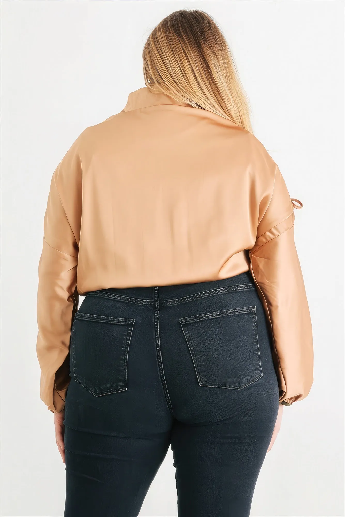 Plus Satin Zip-up Ruched Long Sleeve Cropped Bomber Jacket